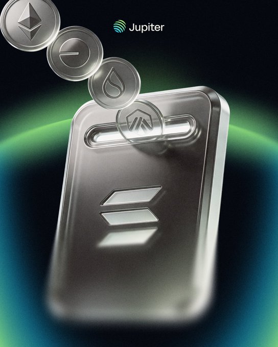 A 3D rendering featuring a metallic wallet-like device with the Solana logo, accompanied by floating silver coins showing Ethereum, Solana, and Sui logos, with 'Jupiter' branding and logo at the top against a green glowing background
