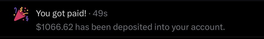 A notification on a dark background showing 'You got paid! 49s - $1066.62 has been deposited into your account.' with a party popper emoji.