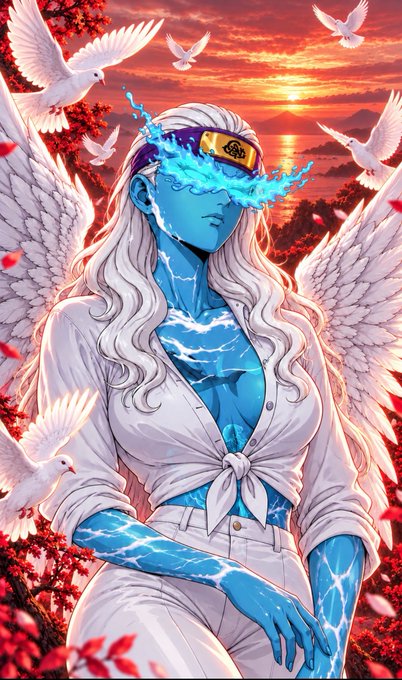 An anime-style illustration of a blue-skinned angelic figure with white hair, a Konoha headband from Naruto, glowing water eyes, and large white wings, surrounded by doves against a sunset backdrop.