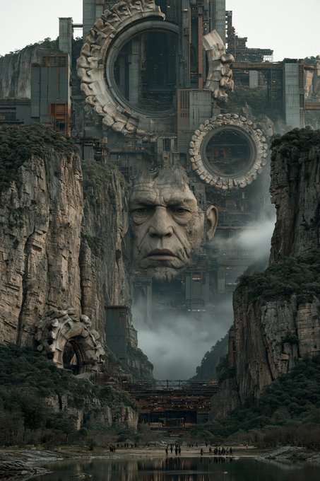 A surreal sci-fi scene depicts a massive mechanical face integrated into a cliffside structure with circular industrial elements, while tiny human figures stand at the base near a body of water.