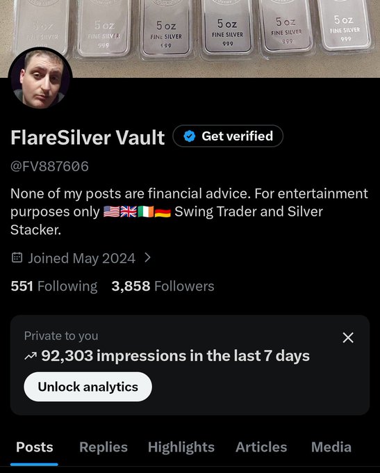 A social media profile for 'FlareSilver Vault' (@FV887606), a verified account describing themselves as a 'Swing Trader and Silver Stacker', displaying 3,858 followers and 92,303 impressions in the last 7 days.