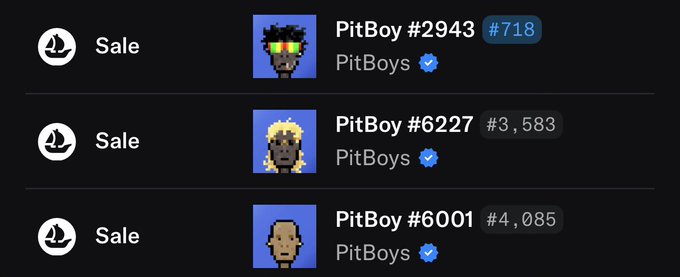 A listing page showing three NFT sales for 'PitBoys' including PitBoy #2943 (#718), PitBoy #6227 (#3,583), and PitBoy #6001 (#4,085), each displayed with pixel-art avatars.