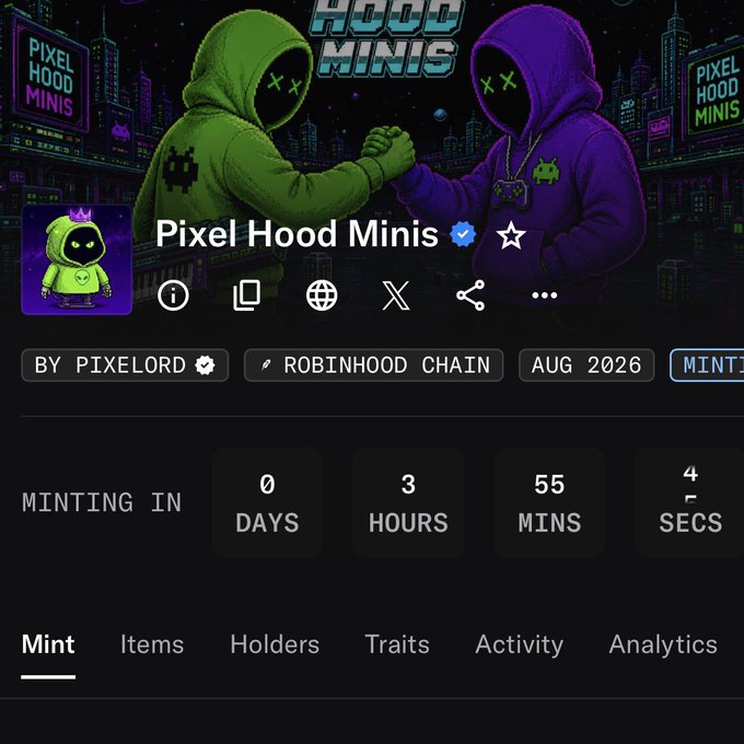A digital minting page for 'Pixel Hood Minis' NFT collection on the Robinhood Chain, by pixelord, with a countdown timer showing 3 hours, 55 minutes until mint.