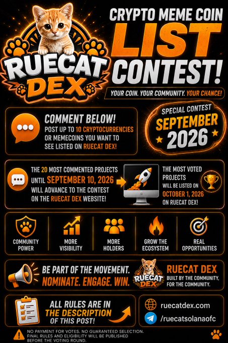 A promotional poster for the RUECAT DEX Crypto Meme Coin List Contest, featuring an orange kitten mascot and details about a September 2026 event to list the most-voted projects on ruecatdex.com.