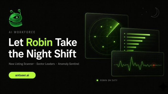 The image is a dark-themed promotional graphic for "Antseer AI Workforce" featuring a green alien mascot, with the headline "Let Robin Take the Night Shift" and tagline "New Listing Scanner · Sector Leaders · Anomaly Sentinel." It displays radar, bar chart, and waveform data visualizations alongside a "Robin On Duty" indicator, illustrating how the AI autonomously monitors on-chain activity around the clock—directly supporting the post's point that memecoin trading demands relentless manual surveillance that Robin handles in place of the trader.