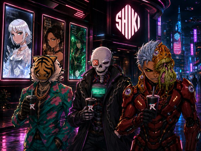 Cyberpunk-style artwork showing three characters (a tiger-masked figure, a cyborg with skull face, and an armored warrior) holding SHIK-branded drinks in a futuristic neon-lit city street.