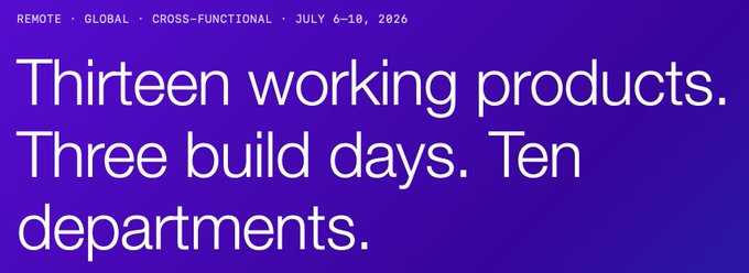 A graphic states "Thirteen working products. Three build days. Ten departments." with "REMOTE GLOBAL CROSS-FUNCTIONAL JULY 6-10, 2026" text at the top, complementing the post about the Polygon team building AI products.