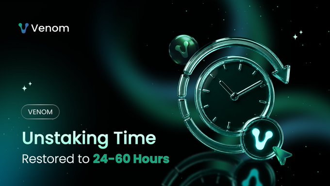 A promotional graphic for Venom featuring a stylized clock illustration announces "Unstaking Time Restored to 24-60 Hours," visually reinforcing the message that unstaking delays have been resolved and the process now takes a faster, standardized timeframe.