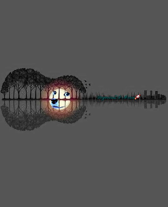 An artistic illustration shaped like a guitar features silhouetted trees, a face, and a city skyline with a sinking ship reflected in water below.