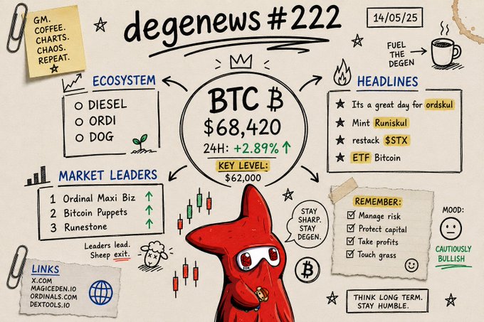 The image is an infographic newsletter titled "degenews #222" dated 14/05/25, featuring a red cartoon dog wearing sunglasses as the mascot, and centered around Bitcoin (BTC) at $68,420 (+2.89%) with a key level of $62,000. It highlights the ecosystem including $DIESEL, $ORDI, and $DOG tokens, with market leaders Ordinal Maxi Biz, Bitcoin Puppets, and Runestone, alongside a "STAY SHARP, STAY DEGEN" reminder—matching the accompanying post's focus on Bitcoin, Ordinals, and these specific token tickers.