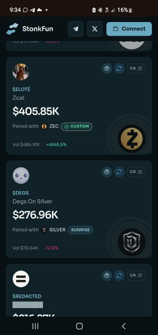 A screenshot of the StonkFun crypto platform showing token listings including $ELOTE (Zcat) at $405.85K paired with ZEC, and $DEGS (Degs On Silver) at $276.96K paired with SILVER, with a 16% battery indicator at the top.