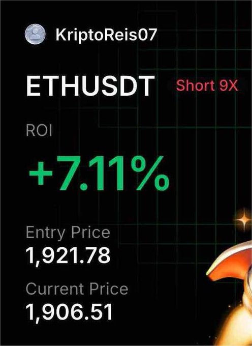 A trading screenshot from user "KriptoReis07" showing an ETHUSDT short position with 9X leverage that achieved a +7.11% ROI, with the entry price at 1,921.78 and current price at 1,906.51. The image illustrates one of the successful trades contributing to the user's claimed growth from an $850 bankroll to $5,670, as mentioned in the caption promoting their trading results.
