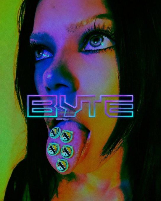 A close-up portrait of a woman with her tongue out, displaying metallic "$BYTE" coin designs, is overlaid with neon "BYTE" text and bathed in vibrant purple, blue, and yellow lighting—visually echoing the post's announcement of "$BYTE" as the day's recommended token.