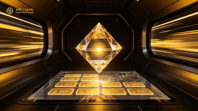 A glowing golden geometric crystal hovers above an illuminated tech interface in a futuristic chamber, with the text "ARK | DeFAI — Code the Future" visible in the upper left corner, visually symbolizing the structured intelligence and precision of Arkie's AI-powered workflows for ARK users.
