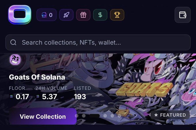 An NFT marketplace interface displaying the 'Goats Of Solana' collection with a floor price of 0.17, 24H volume of 5.37, and 193 listed items.