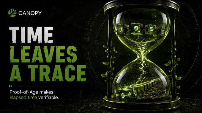 A dark, green-themed promotional graphic for 'Canopy' reading 'Time Leaves A Trace,' showing an hourglass filled with glowing cubes and vines, promoting 'Proof-of-Age' technology.