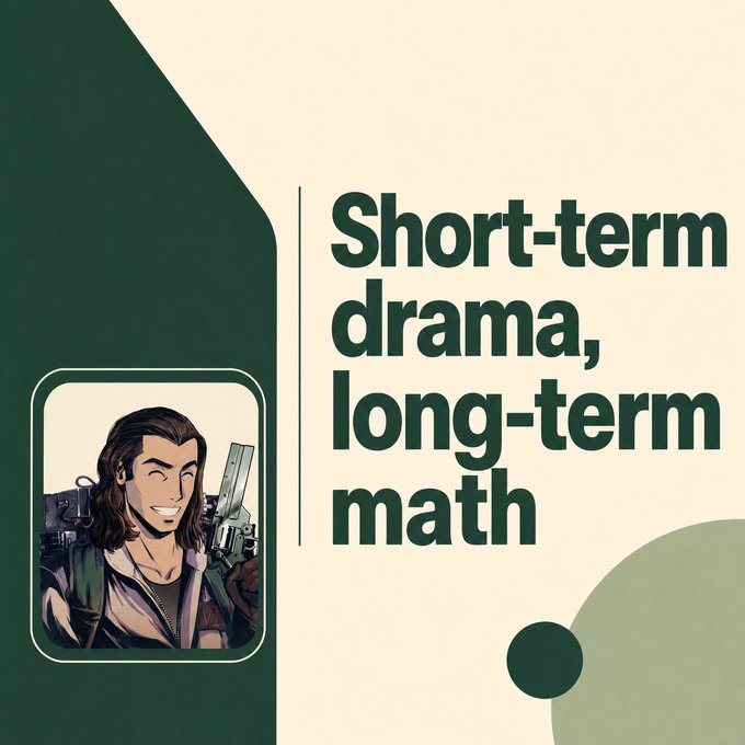 A graphic with a green and cream background featuring a cartoon man holding a gun and money, alongside the text 'Short-term drama, long-term math.'