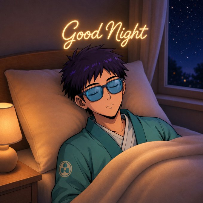 Anime-style illustration of a young man with dark purple hair and blue glasses sleeping in bed under a blanket, with a glowing neon 'Good Night' sign above his head.