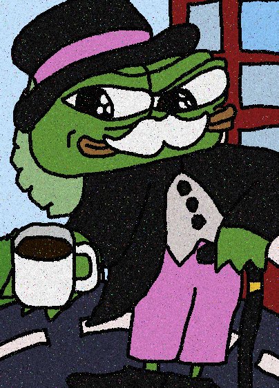 A cartoon illustration of a green frog-like character with large eyes, wearing a black top hat with a purple band and a formal suit with a pink cummerbund, holding a coffee mug.