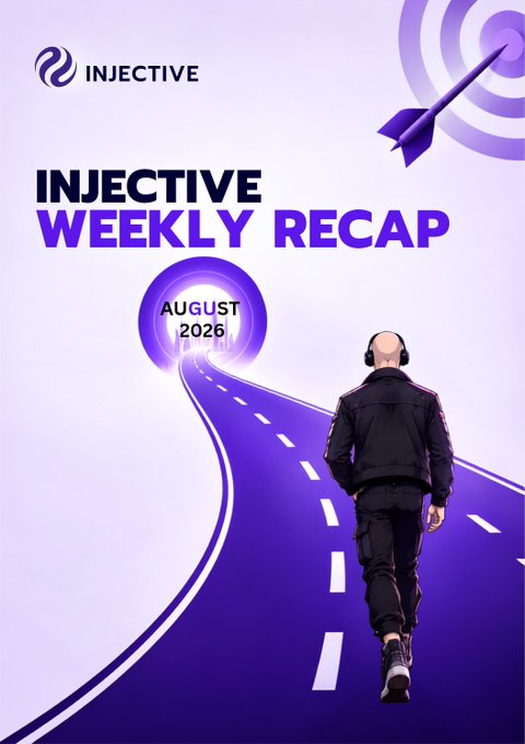 A promotional graphic titled 'INJECTIVE WEEKLY RECAP' for August 2026, featuring a person in black walking down a purple road toward a target with an arrow.