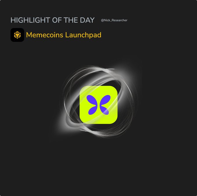 A "Highlight of the Day" feature by @Nick_Researcher showcases Memecoins Launchpad with a glowing yellow-green app icon containing a purple butterfly/X-like logo, visually representing the @flapdotsh platform discussed in the accompanying post about its impressive revenue metrics on BNB Chain compared to @Pumpfun.