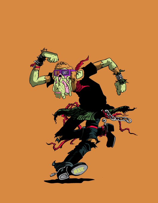 An illustration of a zombie-like punk character with sunglasses and spiked accessories dancing against an orange background, with "MATY" written on his shoe.