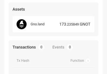 The image shows a Cosmos wallet interface displaying an Assets section with a balance of 173.235849 $GNOT from the Gno.land airdrop, alongside empty Transactions (0) and Events (0) tabs. This corresponds to the post's airdrop balance check, illustrating the raw token amount before the instructed removal of the last 6 digits (GNOT).