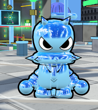 A chrome-like blue shiny creature character with horns stands in a futuristic city environment.
