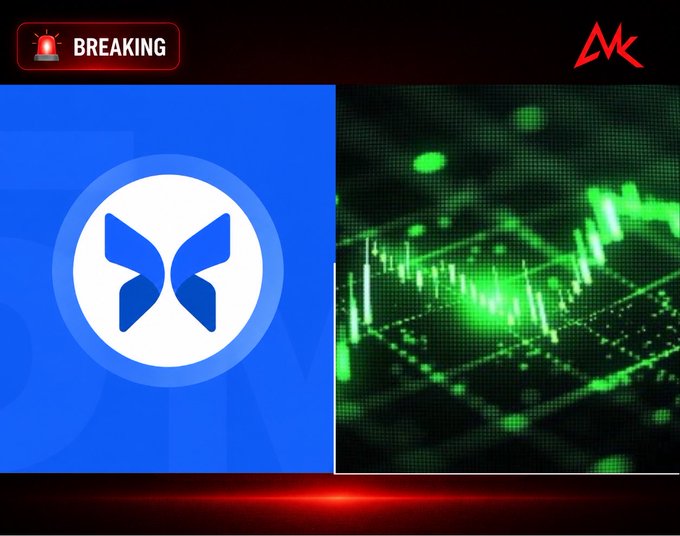 A 'BREAKING' news style graphic featuring a blue and white logo next to a green digital grid and candlestick chart.