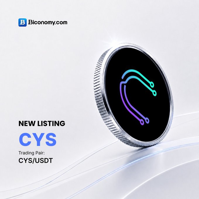 A Biconomy.com announcement graphic for a new listing of the CYS token, displaying the trading pair CYS/USDT alongside a 3D coin featuring a neon green and purple circuit design.