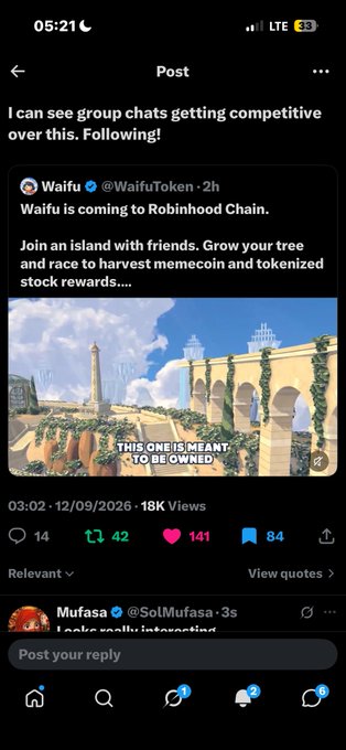 Twitter/X post screenshot showing a tweet from @WaifuToken announcing 'Waifu is coming to Robinhood Chain' with engagement metrics of 14 replies, 42 retweets, 141 likes, and 84 bookmarks.