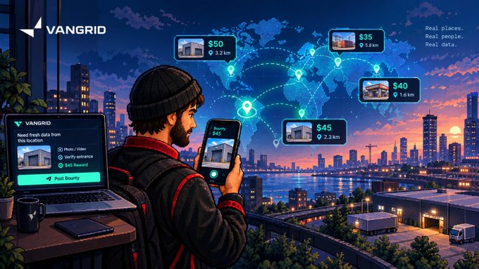 Illustrated promotional graphic for 'VANGRID' showing a hooded man verifying a property photo on his phone, with a world map connecting location pins showing property bounties ($35, $40, $45, $50) and the tagline 'Real places. Real people. Real data.'