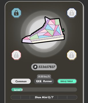 A STEPN sneaker detail screen showing a Common Level 5 Runner shoe (ID 523657837) with 100.0/100.0 durability, awaiting Shoe Mint.