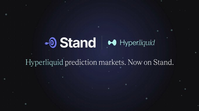 A promotional graphic with logos for 'Stand' and 'Hyperliquid' accompanied by the text 'Hyperliquid prediction markets. Now on Stand.'