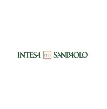 The image displays the Intesa Sanpaolo logo, featuring the bank's name in green text with a stylized orange square symbol between the two words, directly corresponding to the news about Italy's largest bank executing significant trades in spot Bitcoin ETF IBIT and Ethereum ETF ETHB.