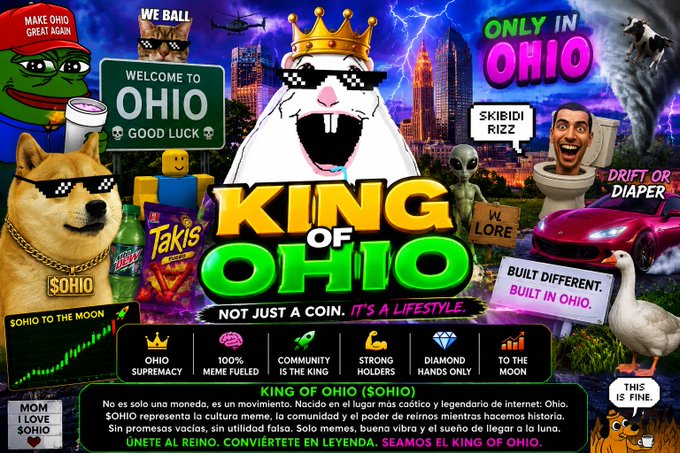 A colorful meme-style promotional graphic for 'KING OF OHIO' cryptocurrency featuring Pepe the Frog, Doge, a hamster, Skibidi Rizz toilet character, and signs reading 'ONLY IN OHIO', 'SKIBIDI RIZZ', 'DRIFT OR DIAPER', with Spanish text translating the meme lore.