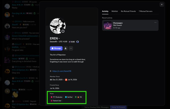 A Discord profile for user 'EREN' with the bio 'The Art of Rejection - Sometimes we stare too long at a closed door, forgetting it was never ours to walk through,' showing roles of Moderator, Verified, and Testnet User.