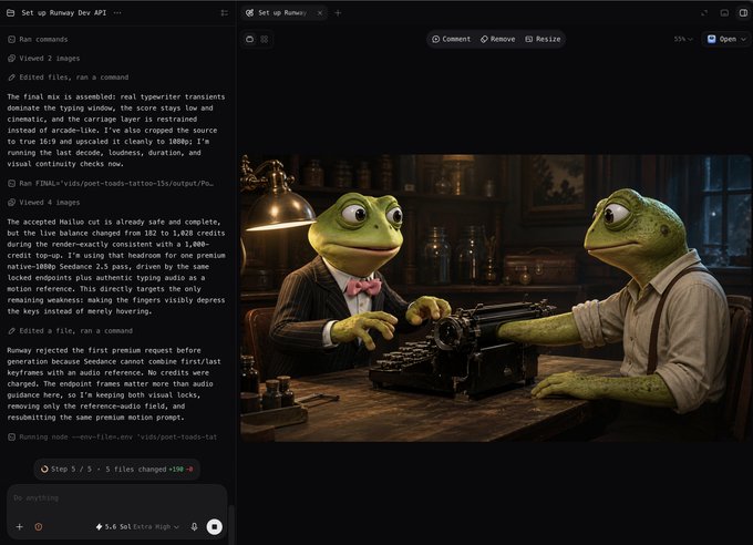 A screenshot of an AI-powered terminal interface shows the "Set up Runway Dev API" tool generating images, with one visible result depicting two well-dressed anthropomorphic frogs sitting at a table in a vintage study setting. The interface displays task progress (5/5 files changed) alongside captions praising the difficulty of the production work and tagging creators like @ket_on_solana, @toadlets_sol, @knightcore___, and @solangelestv for their quality work.