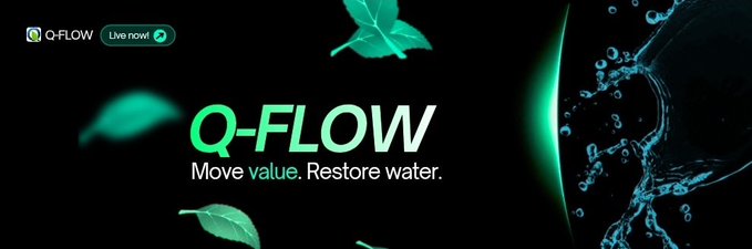 A digital advertisement banner for 'Q-FLOW' with the tagline 'Move value. Restore water' featuring green leaves and a water droplet.