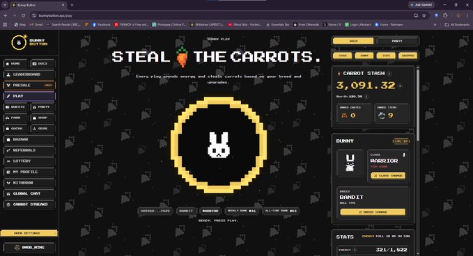 The image shows a computer screen displaying a website called "Steal The Carrots." The website has a black background with white text that reads "Steal The Carrots" at the top, and it features an image of a rabbit on its homepage. The website also includes a chatbot feature for customer support, as well as other project details such as a contact number and a description of the projects featured.
