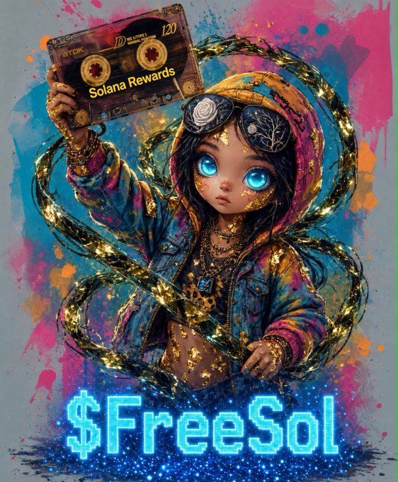 Digital artwork of a stylized girl with large blue eyes wearing a hooded jacket and holding a cassette tape labeled "Solana Rewards," with "$FreeSol" displayed in neon blue text at the bottom.