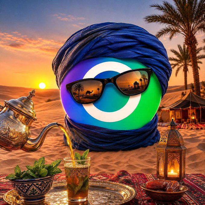 A stylized digital illustration featuring a character wearing a blue turban with a colorful circular emblem and sunglasses reflecting a desert scene, surrounded by Moroccan tea elements including an ornate teapot, mint, dates, and a lantern at sunset.