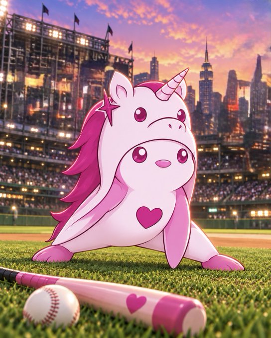An anime-style pink unicorn with a heart marking stands on a baseball field at sunset, with a baseball bat and ball in the foreground and a city skyline behind.