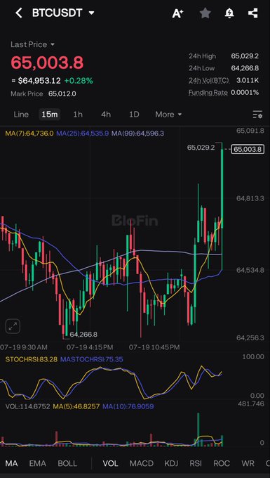 A cryptocurrency trading chart shows BTCUSDT trading at $65,003.80, up 0.28% to $64,953.12 on Bybit, with a sharp upward price movement visible on the 15-minute candlestick chart alongside technical indicators including MA, STOCHRSI, and VOL. The chart visually supports the post's bullish sentiment by displaying BTC breaking back above the $65,000 level.