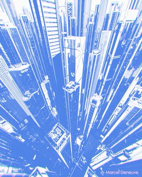 A stylized blue-toned illustration depicts a futuristic cityscape with towering structures and dense buildings, signed '© Marcel Deneuve' in the lower right corner.
