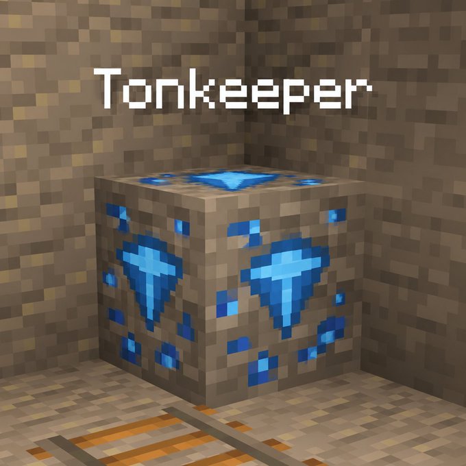 A block of blue diamond ore sits in a corner of a stone cave with rails visible in the foreground, labeled "Tonkeeper" in the iconic Minecraft font, playfully mimicking a game screenshot to announce a discovery of Tonkeeper-related "diamond ore."