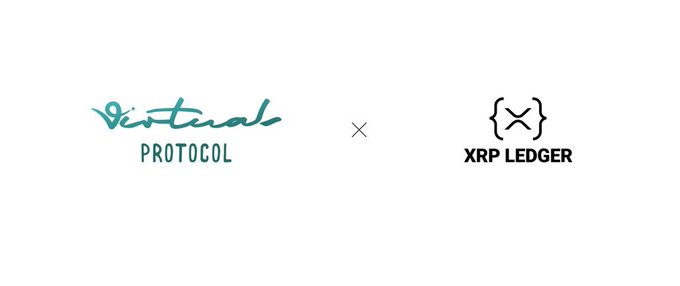 The image displays a collaboration graphic featuring the Virtuals Protocol logo alongside the XRP Ledger (XRPL) logo, separated by an "×" symbol to denote their partnership. This visual supports the announcement of an integration aimed at making the XRPL AI ecosystem more accessible for builders to discover, navigate, and contribute to.