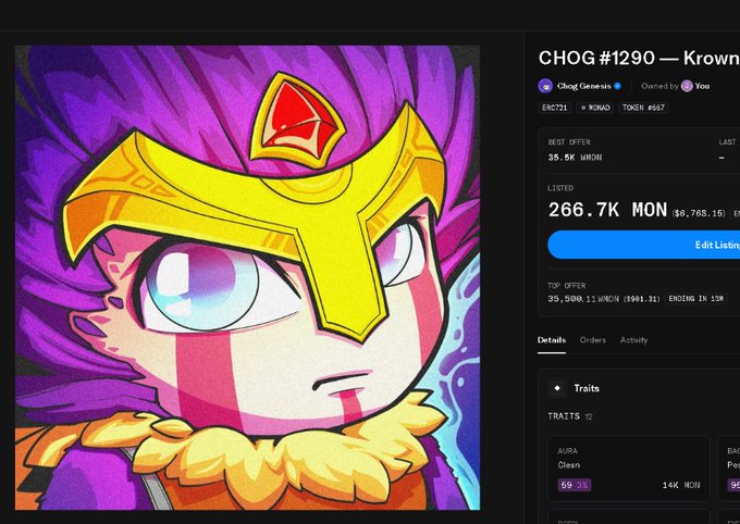 A screenshot of an NFT marketplace listing for "CHOG #1290 — Kron" shows a cartoon character with purple hair and a golden crown, listed at 266.7K MON ($6,705.16) with a top offer of 35,500.11 WMON ($981.31) ending in 13 minutes, suggesting the user is asking for pricing advice on this Chog Genesis asset.