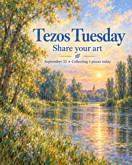 An impressionist-style landscape painting of a river at sunset serving as a promotional graphic for 'Tezos Tuesday - Share your art' on September 22, collecting 5 pieces.