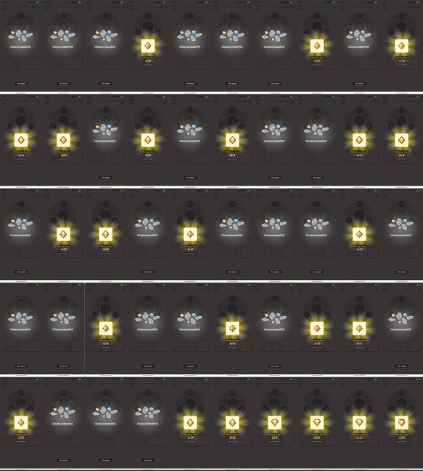 Multiple rows of a slot machine or game interface showing reels with various symbols including blue diamond shapes, gold diamond symbols, and frog characters, with some spins highlighted in yellow glow indicating wins.